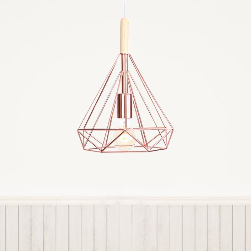 Diamond Metal Cage Pendant Light Nordic Industrial 1 Light Ceiling Hanging Light in Rose Gold