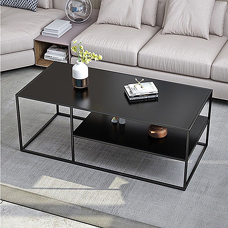 Black Finish Metal Rectangular Coffee Cocktail Table with Storage Shelf