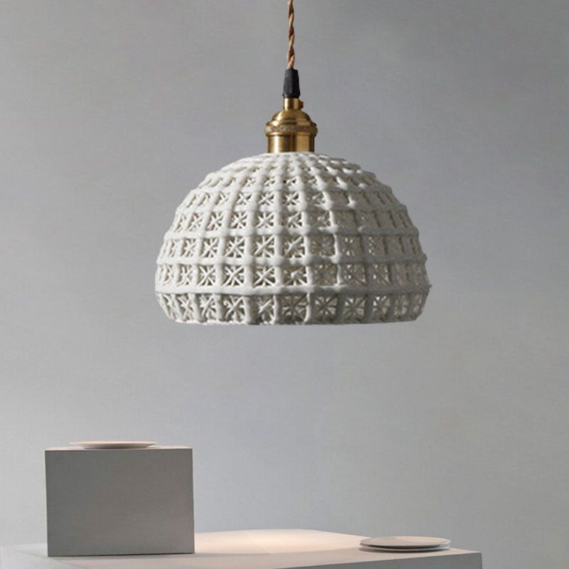 Nordic Grid Dome Hanging Lamp 6.5"/8" Wide Single Bulb Ceramics Pendant Light for Dining Room Corridor - White
