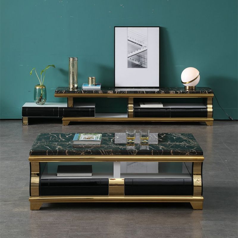 Marble Coffee or End Table with Storage Drawers Rectangle Block