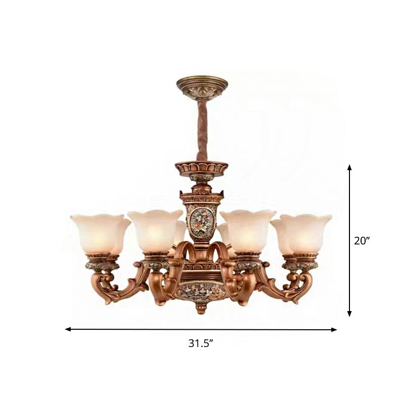 Cream Glass Brown Chandelier Lighting Fixture Floral Shade 6/8-Light Antiqued Suspension Pendant