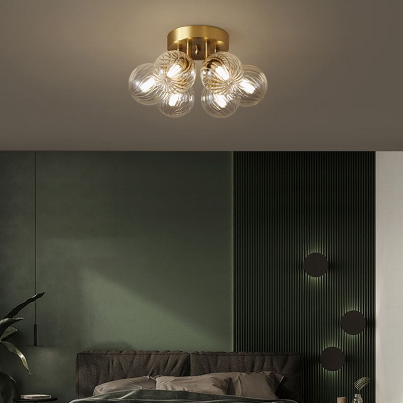Post-Modern Ball Semi Mount Lighting Clear Twist Glass Dining Room Flush Ceiling Light in Brass