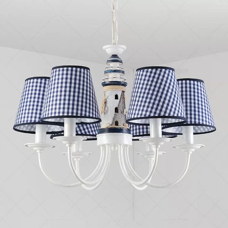 Kids Blue Pendant Light with Plaid Shade Lighthouse 6 Lights Metal Chandelier for Child Bedroom