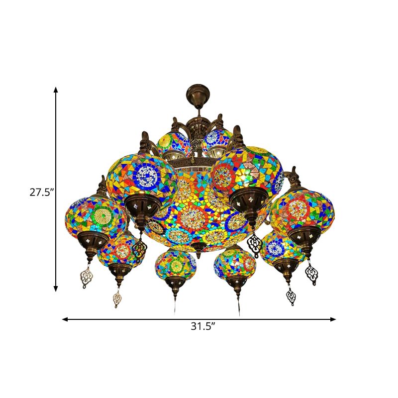 Traditional Oval Ceiling Pendant Light 16 Heads Stained Glass Chandelier Lighting in Bronze