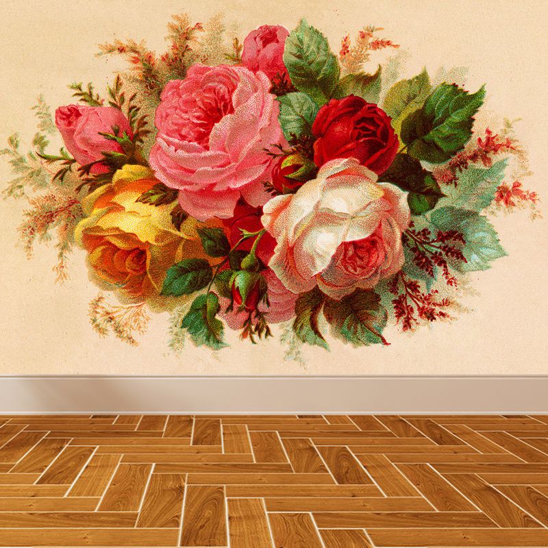 Full Size Illustration Modern Mural Decal with Blossoming Rose in Pink, Made to Measure