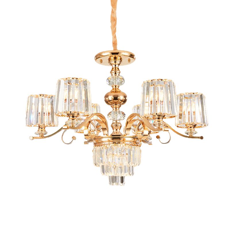 Contemporary 6/8 Bulbs Hanging Chandelier Gold Tapered Ceiling Pendant Light with Crystal Shade