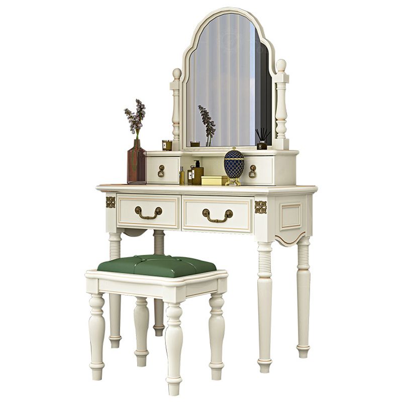 Victorian Solid Wood Vanity Makeup Dressing Table Stool Set with Mirror in White