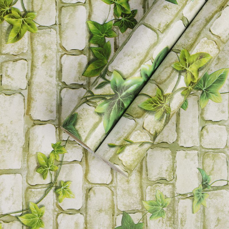 33' x 20.5" Brickwork Wallpaper for Bedroom Ivy Wall Covering in Grey and Green, Self-Adhesive
