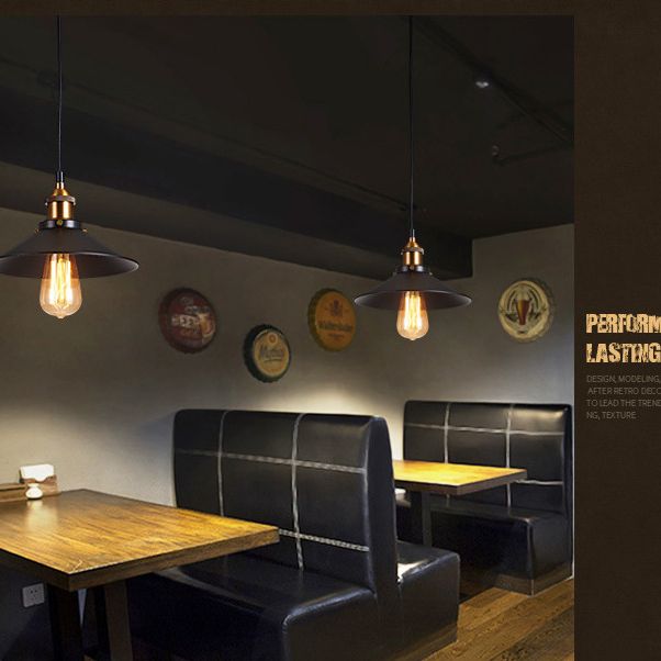 Black 1 Light Pendant Light Industrial Retro Tapered Shade Metal Hanging Lamp for Dining Room