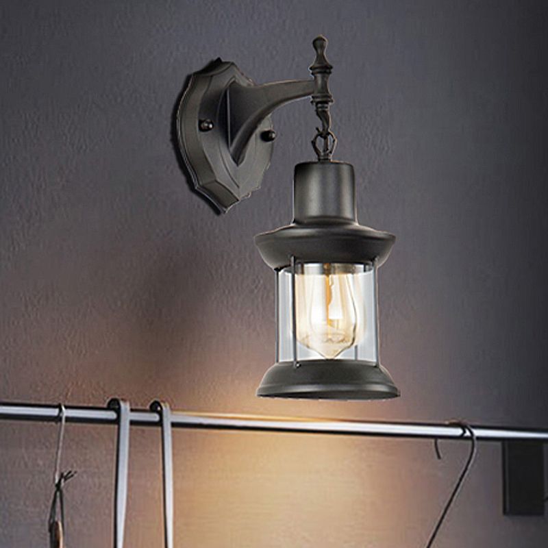 Clear Glass Black Sconce Light Lantern 1-Light Industrial Wall Lamp Fixture for Kitchen