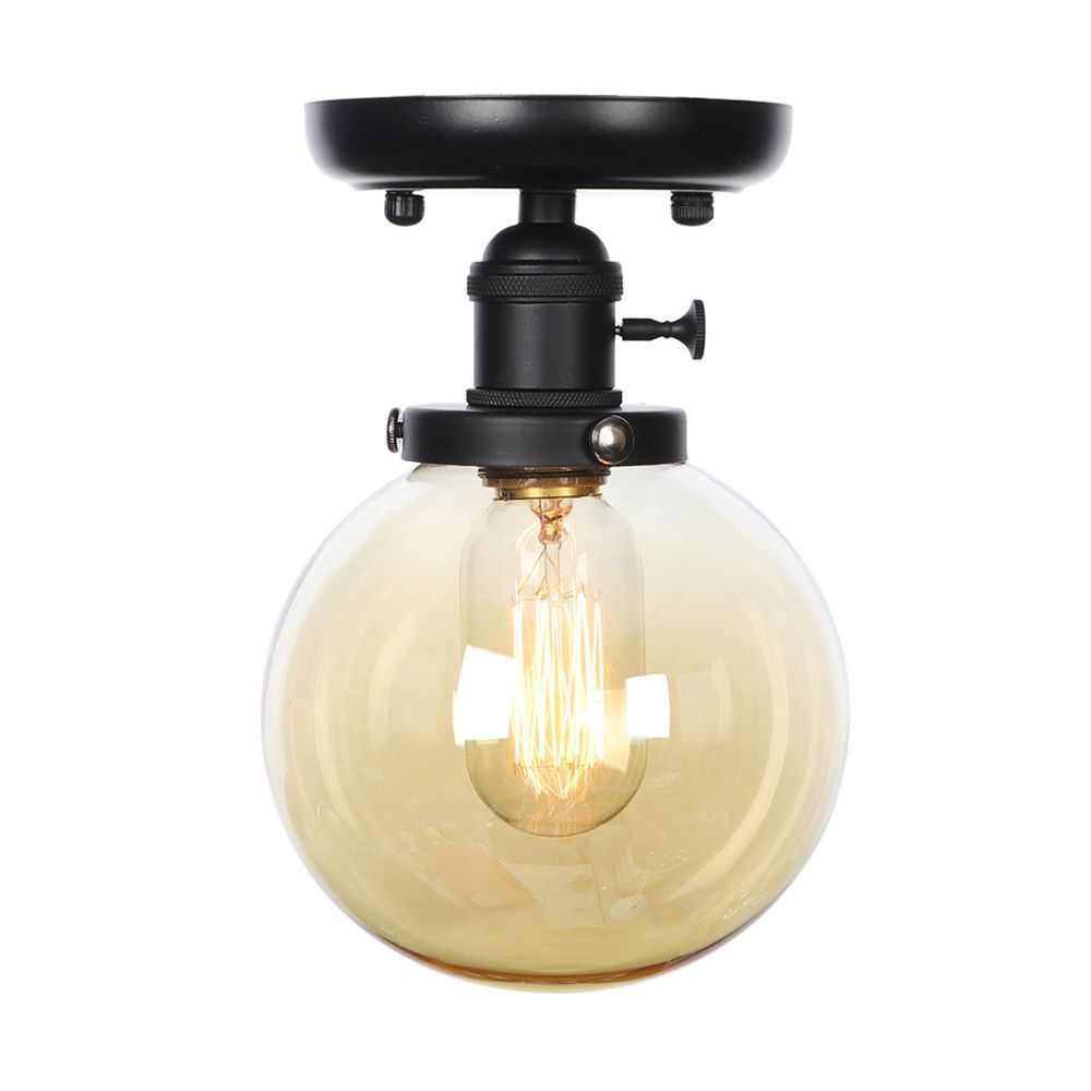Black 1 Light Ceiling Mount Clear/Amber Glass Industrial Round/Globe Semi Flush Light for Kitchen