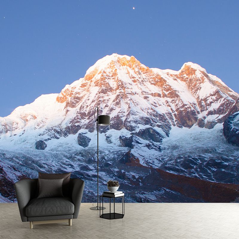 Snow Mountain Looking-Up Mural in Blue-Brown Modern Style Wall Covering for Accent Wall
