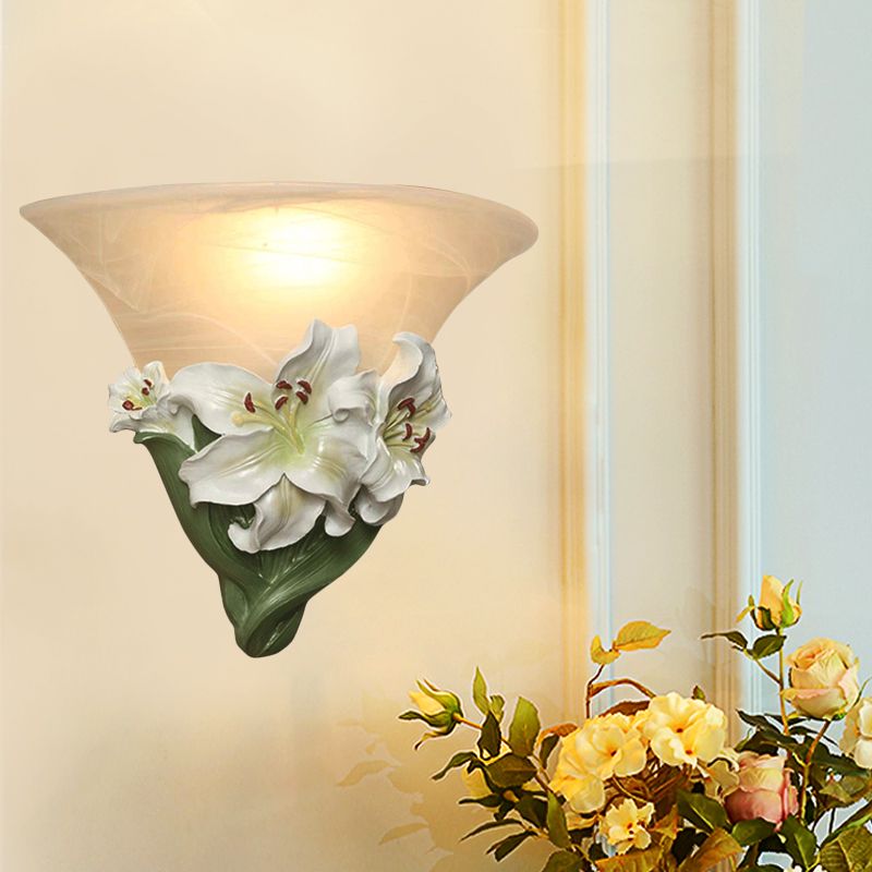 White/Pink Lily Wall Light Contemporary Resin 1 Head Wall Lighting Ideas with Frosted Glass Shade