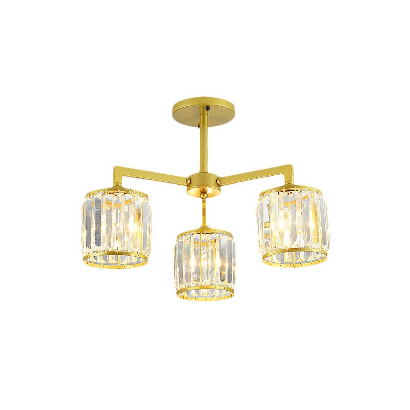 Cilindro de cristal K9 Semi Flush Postmoderno 3/6 Bulbos Sala de estar Techo Monte en oro