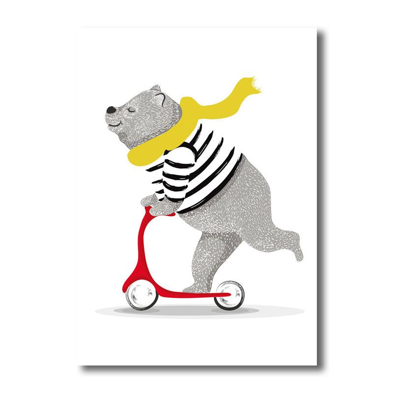 Cartoon Bear on Scooter Art Print Canvas Decorative Grey Wall Decor for Children Room