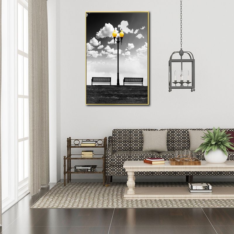 Nostalgic Street Lamp Wall Art Decor for Hallway Still Life Canvas Print in Black-White