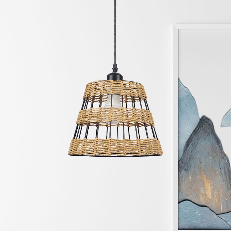 Asian Style Cone Hanging Light Fixture Metal and Rattan 1/3-Head Restaurant Pendant Lamp in Beige