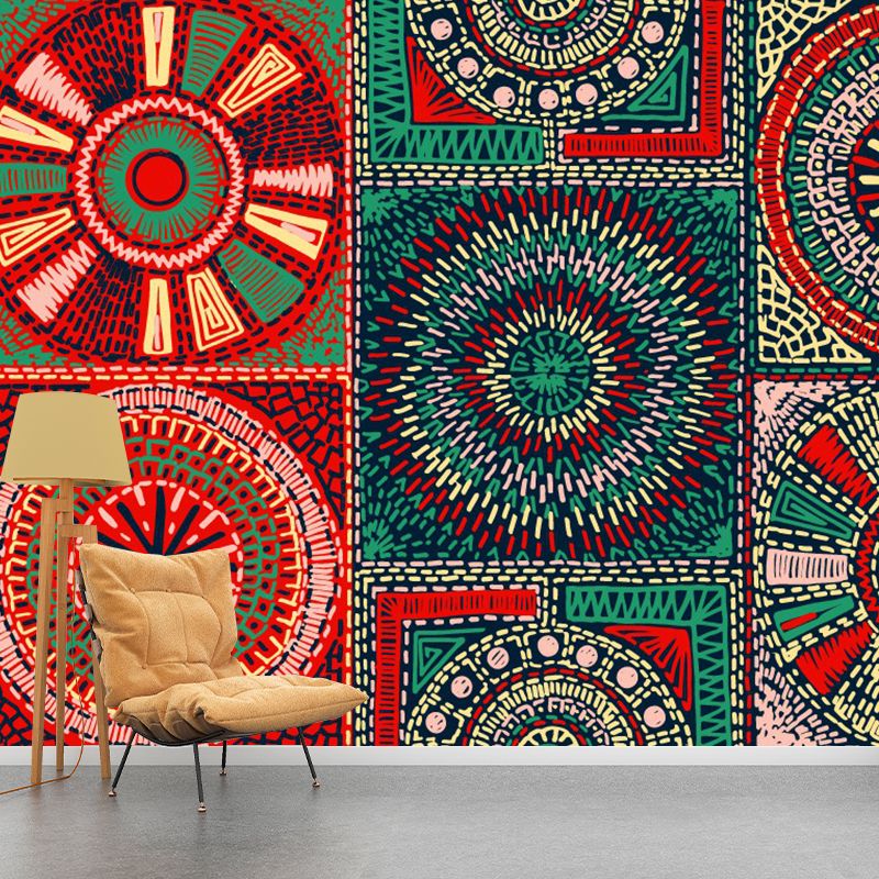Bohemian Style Floral Wall Mural Red-Yellow-Green Mandala Pattern Wall Art, Customized Size