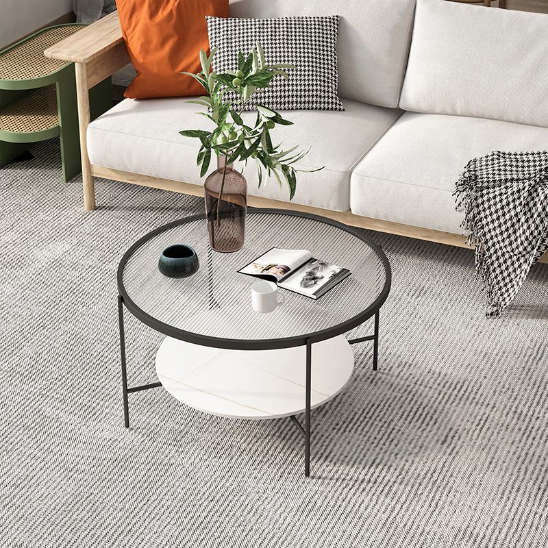 Modern Style Round Glass Table Plate Metal 4 Legs Base with Storage Rack Coffee Table