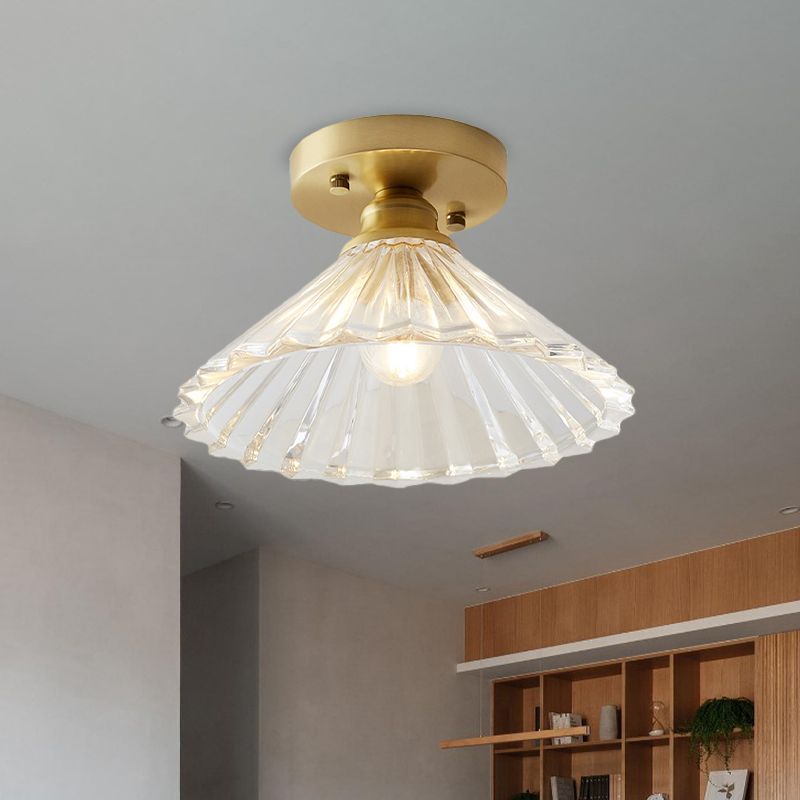Single Bulb Semi Flush Mount Industrial Cone Clear Textured Glass Ceiling Light in Brass for Living Room