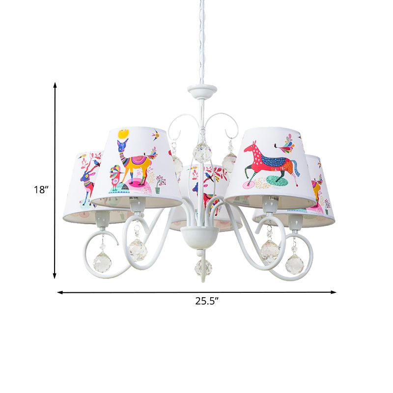 Cone Fabric Suspension Lamp Kids 5 Heads White Pendant Chandelier with Animal Pattern and Crystal Ball