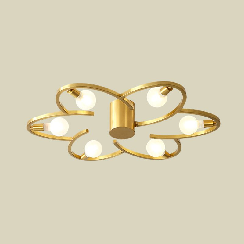 Modern Flower Semi Flush Mount Metallic 5/6-Head Bedroom Close to Ceiling Lighting in Gold