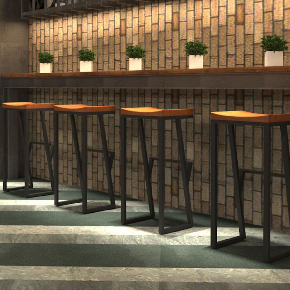 Industrial Wood Top Barstool Iron Sled Pedestal Bar Stool for Indoor