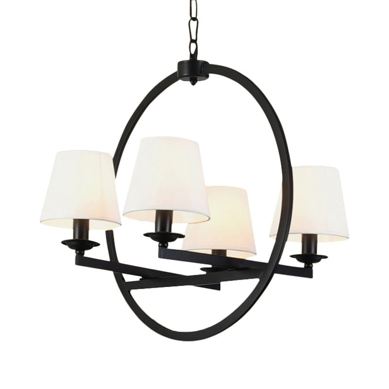 4 Lights Metal Hanging Chandelier Traditional White Cone Living Room Pendant Light Fixture with Fabric Shade