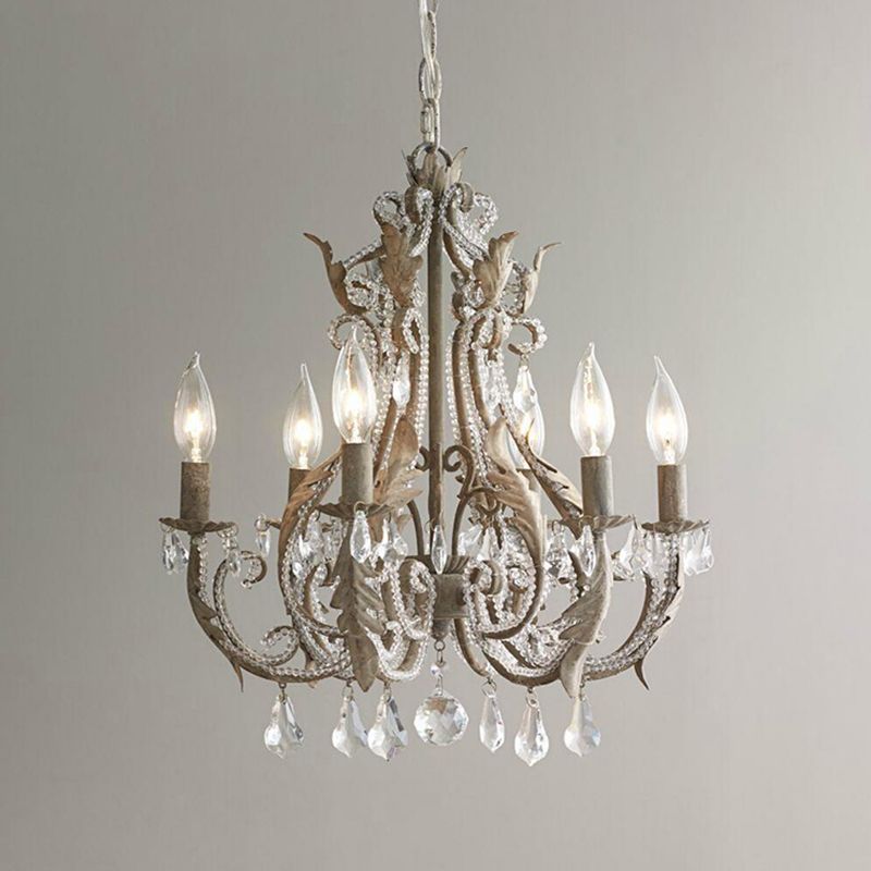 Metallic Candelabra Chandelier Light Retro 6 Heads Living Room Pendant Light with Crystal Beaded Arm