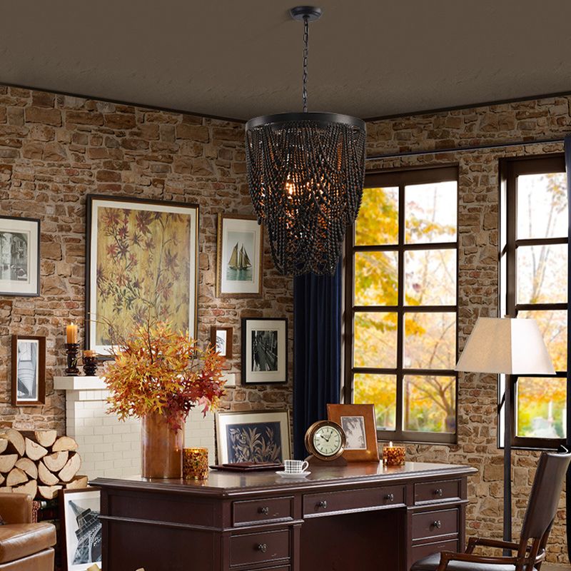 Lustre en bois rétro lustre de style country français de style perle en bois lumière pour le salon