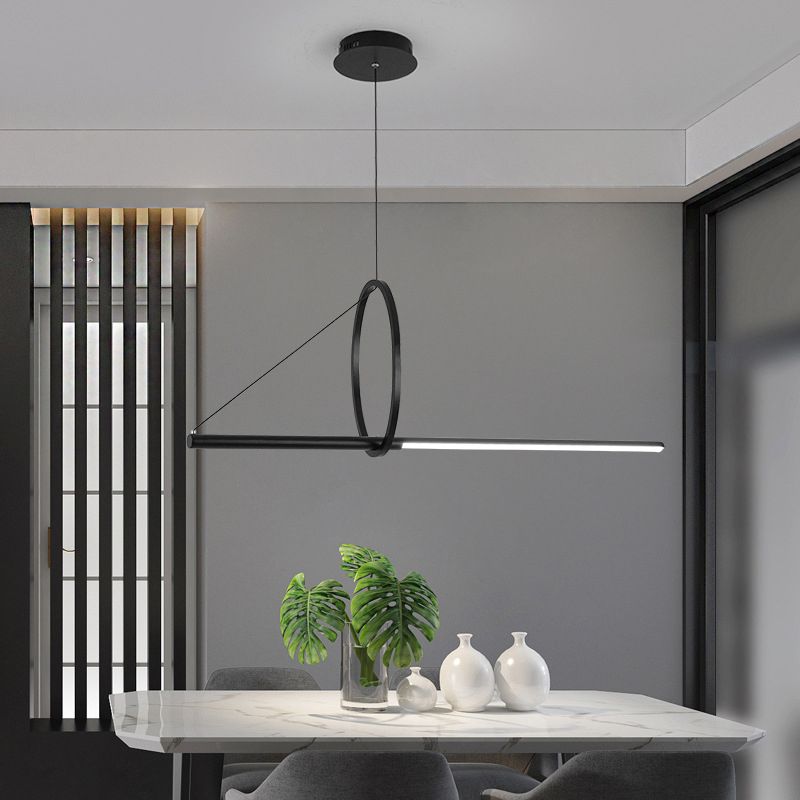 Metal Ring and Linear Island Pendant Light Contemporary Black LED Ceiling Light for Dining Room