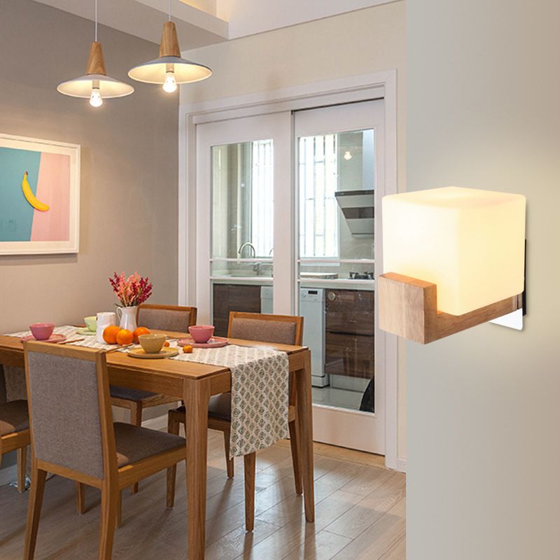 Modern Simplicity Single Light Square Wall Lamp Wood Bedroom Living Room Wall Mount Lighting