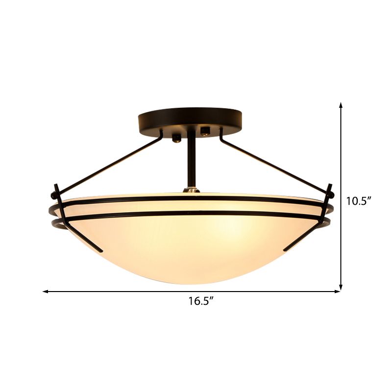 Bowl Frosted Glass Semi Flush Traditional 3 Lights Corridor Ceiling Light Fixture in Black