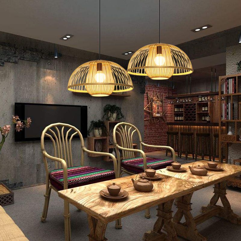 1 Light Bowl Hanging Light Fixtures Chinese Bamboo Ceiling Light for Restaurant