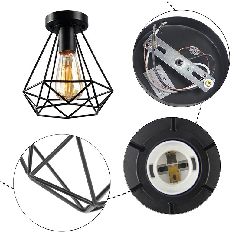 Cage Diamond Semi Flush Light Fixtures Retro Industrial Style Metal Ceiling Mount Light Fixture for Restaurant
