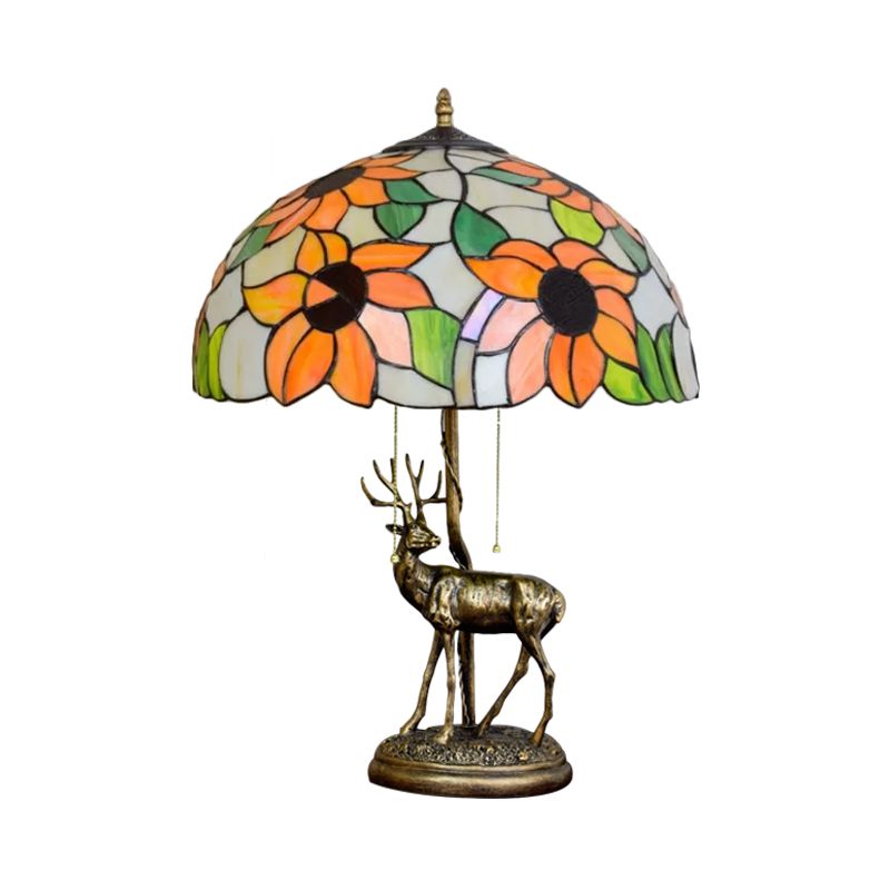 Rot/orange Glasblumen-Nachttisch-Lampe Tiffany 2-Bulb Bronze-Tischbeleuchtung mit Sika-Hirschstatue und Zugkette