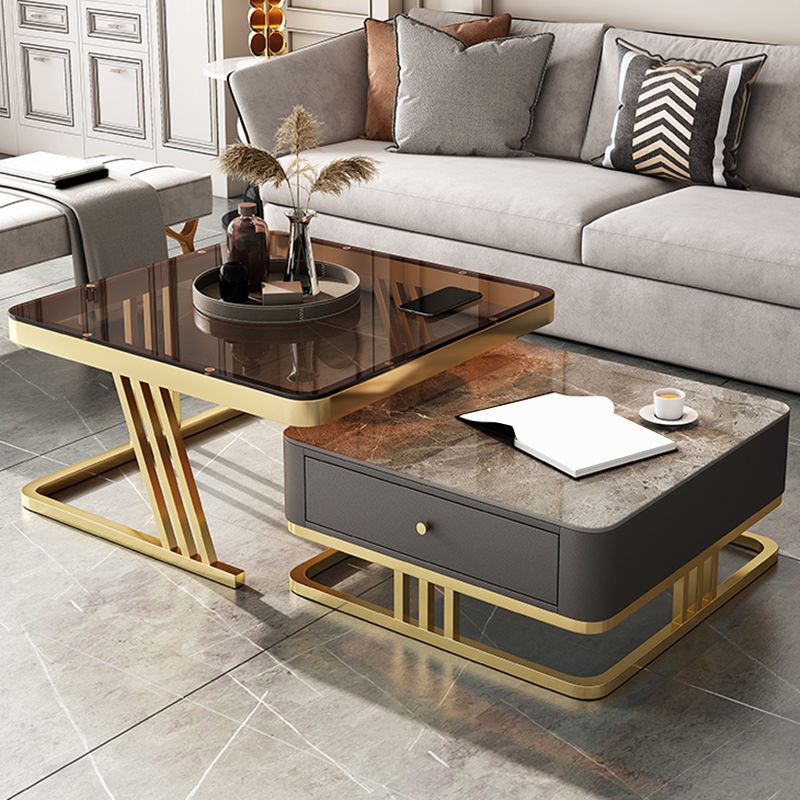 Glam Frame Coffee Table Glass/Slate Square Cocktail Table with Drawer