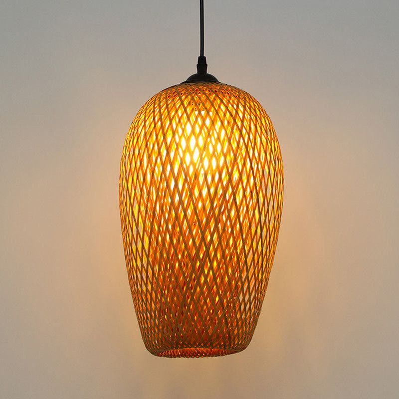 Asian Creative Drum Pendant Light Bamboo Weaving Hanging Lamp for Interior Spaces