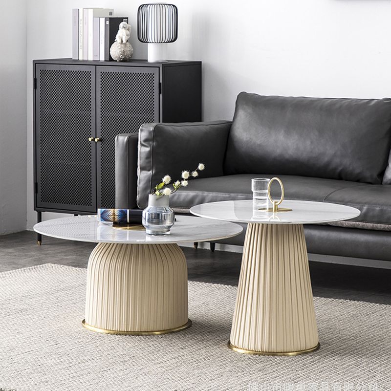 Glam Stone Top Coffee Table Pedestal Round Cocktail Table in White