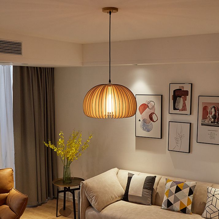 Pumpkin Shaped Wooden Hanging Lamp Modern 1-Light Suspension Light Fixture