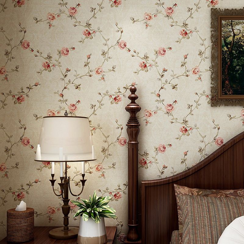 Country Peony Wallpaper Roll Light-Green Water Resistant Wall Covering for Bedroom