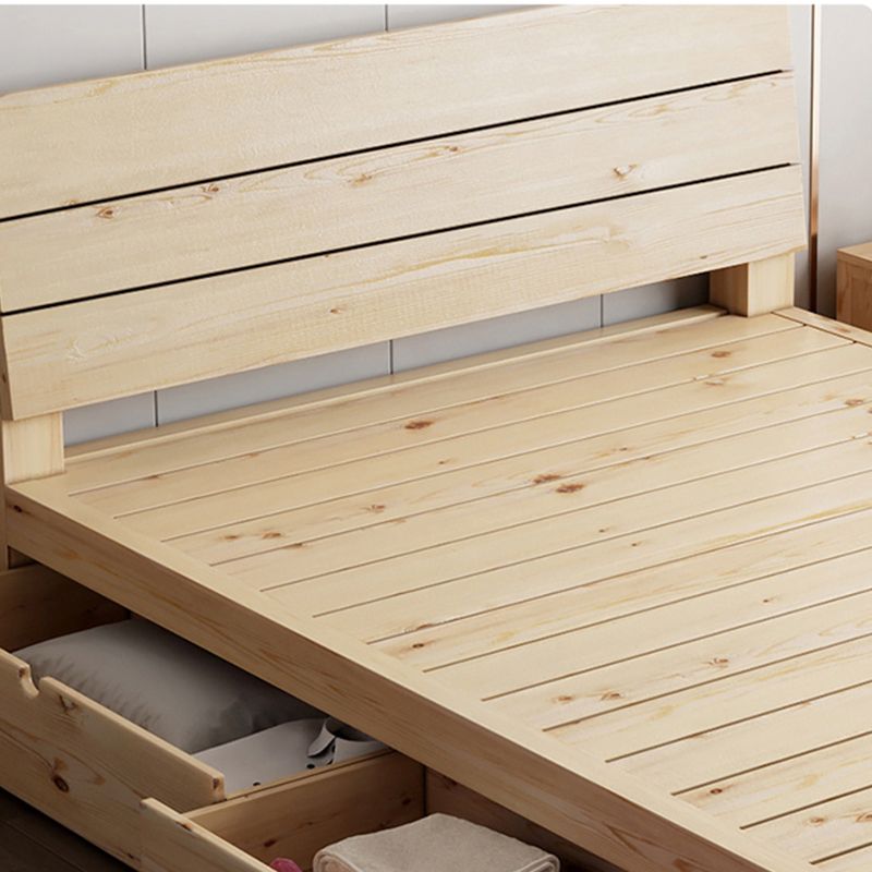 Scandinavian Wood Standard Bed, Slat Rectangular Headboard Bed