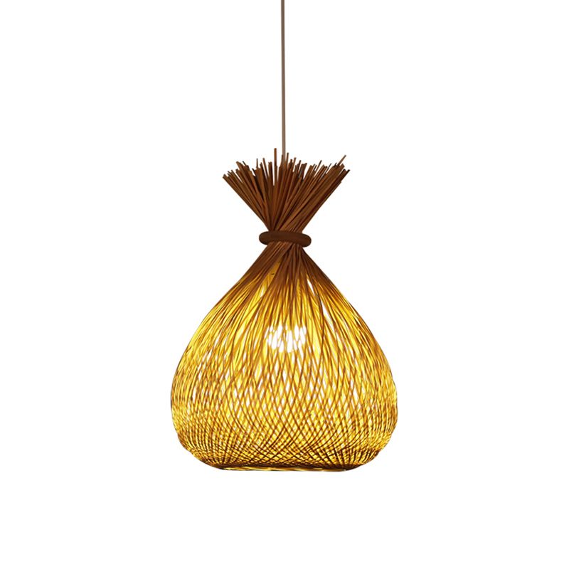 Cross-Woven Bamboo Sack Bag Pendant Chinese 1 Bulb Khaki Hanging Ceiling Light for Guest Room