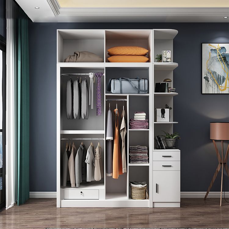 White Modern Wardrobe Armoire Engineered Wood Sliding Door Wardrobe with Drawer