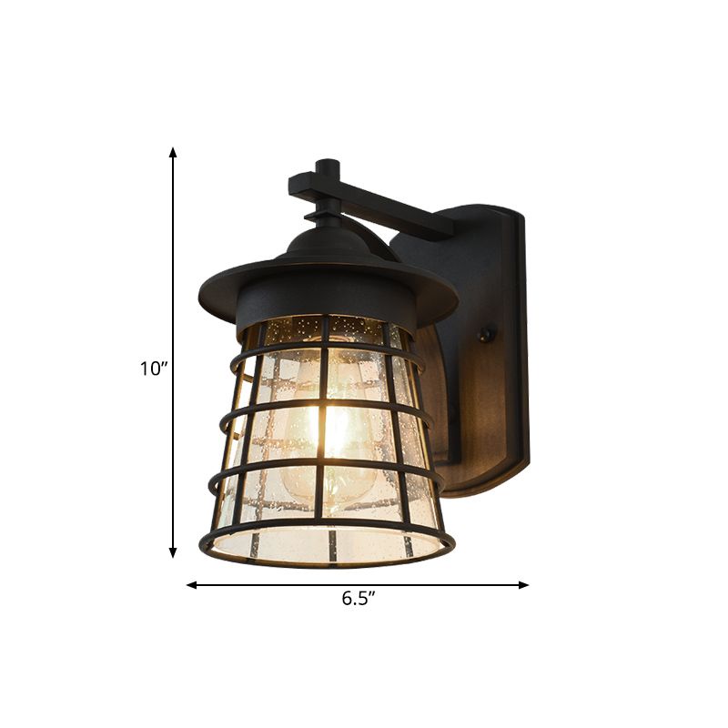 Conical Yard Wall Light Sconce Cottage Clear Ripple Glass 1 Light Black Finish Wall Mounted Lamp with Cage