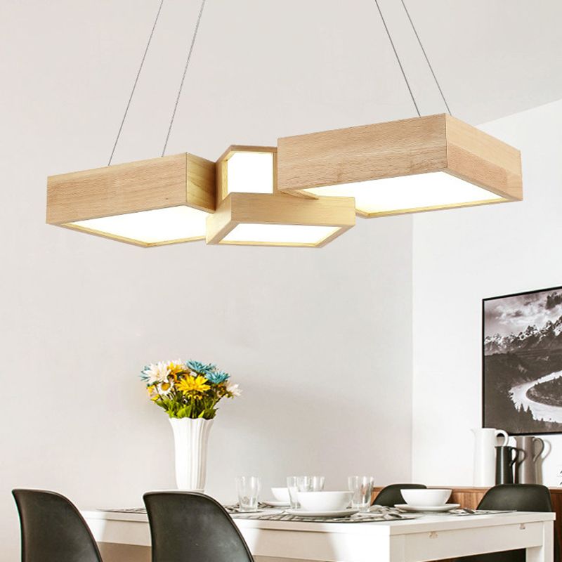 Wooden Square Island Lighting Fixture Modern Style LED Wood Hanging Ceiling Light