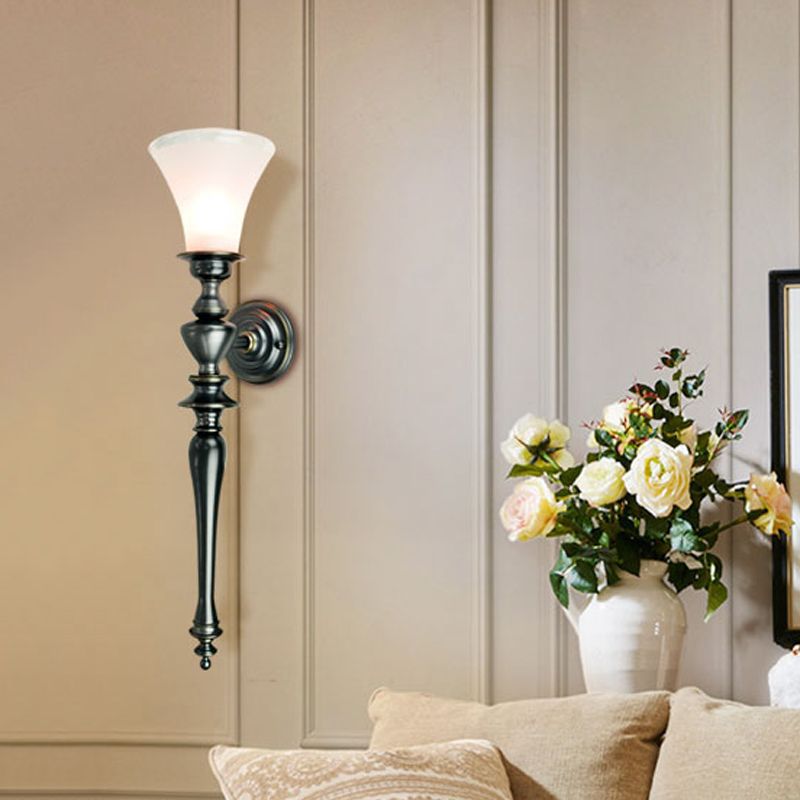 Black Flared Wall Lamp Retro Cream Glass 1 Head Living Room Wall Sconce with Linear Metal Arm