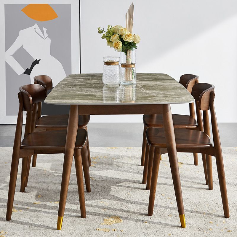 Solid Wood Contemporary Rectangular Dining Table Sintered Stone Top Table with Wood Legs