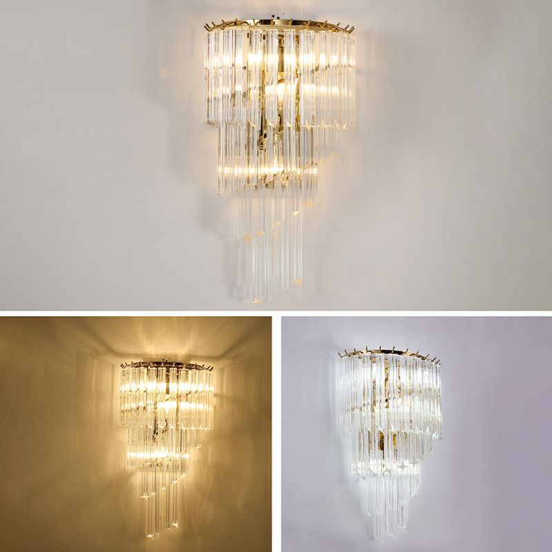 Gold Stagger Wall Sconce in Modern Luxury Style Wrought Iron 4-Light Wall Lamp with Crystal Shade
