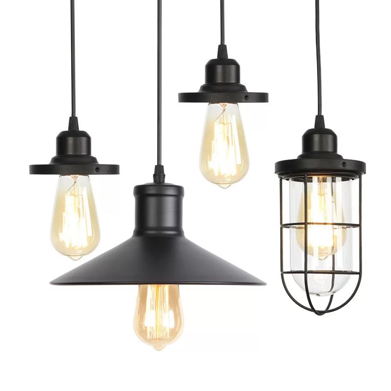 Cone Shade/Caged Dining Room Pendant Light Rural Metallic 1-Light Black/Rust Ceiling Suspension Lamp